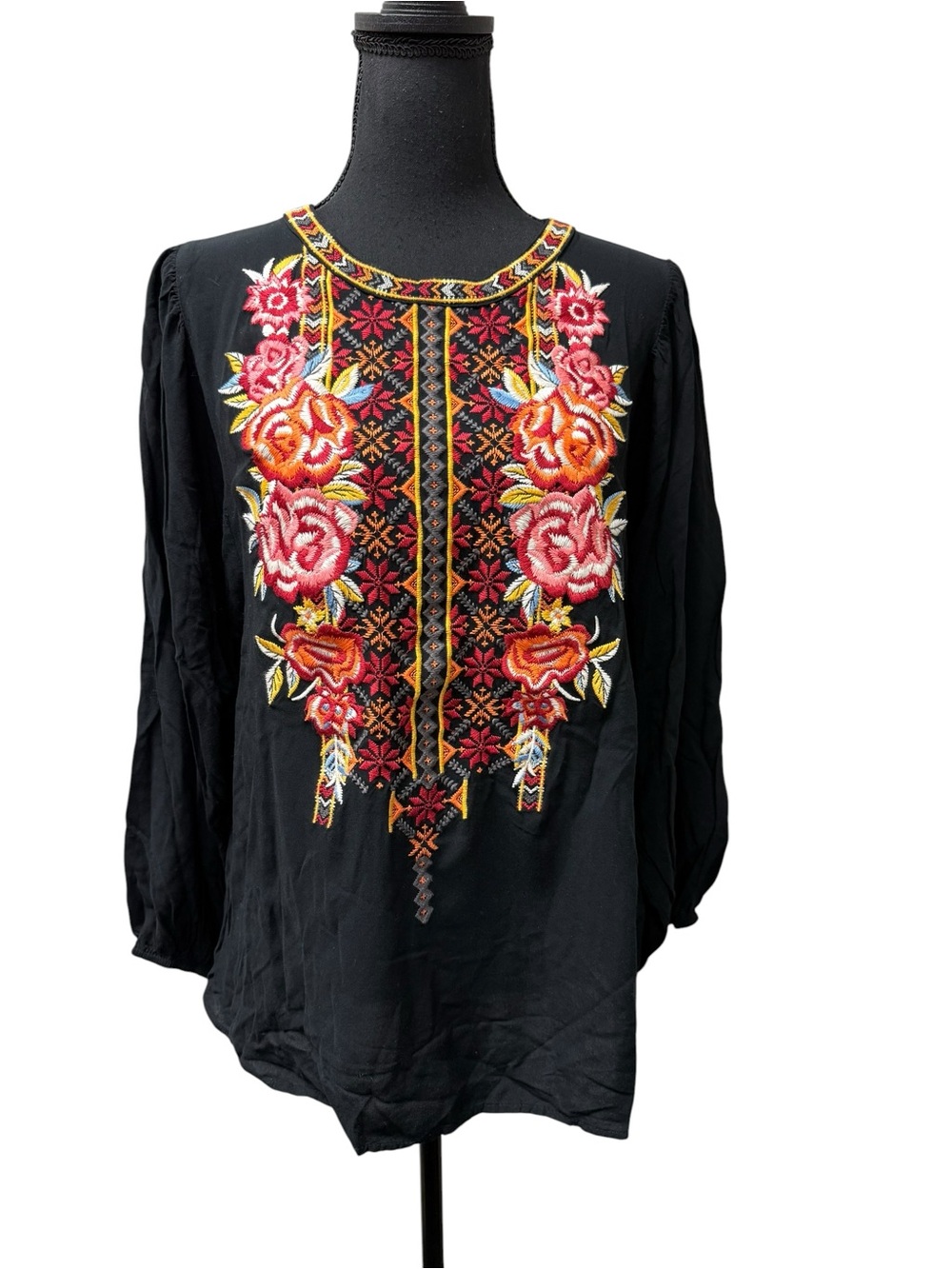 April Sky Black Floral Embroidered Boho Blouse Large Peasant Festival Top